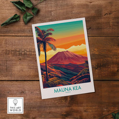 Hawaii Volcano Wall Art - Mauna Kea Sunset Print, Tropical Island Decor with vibrant colors and palm trees.
