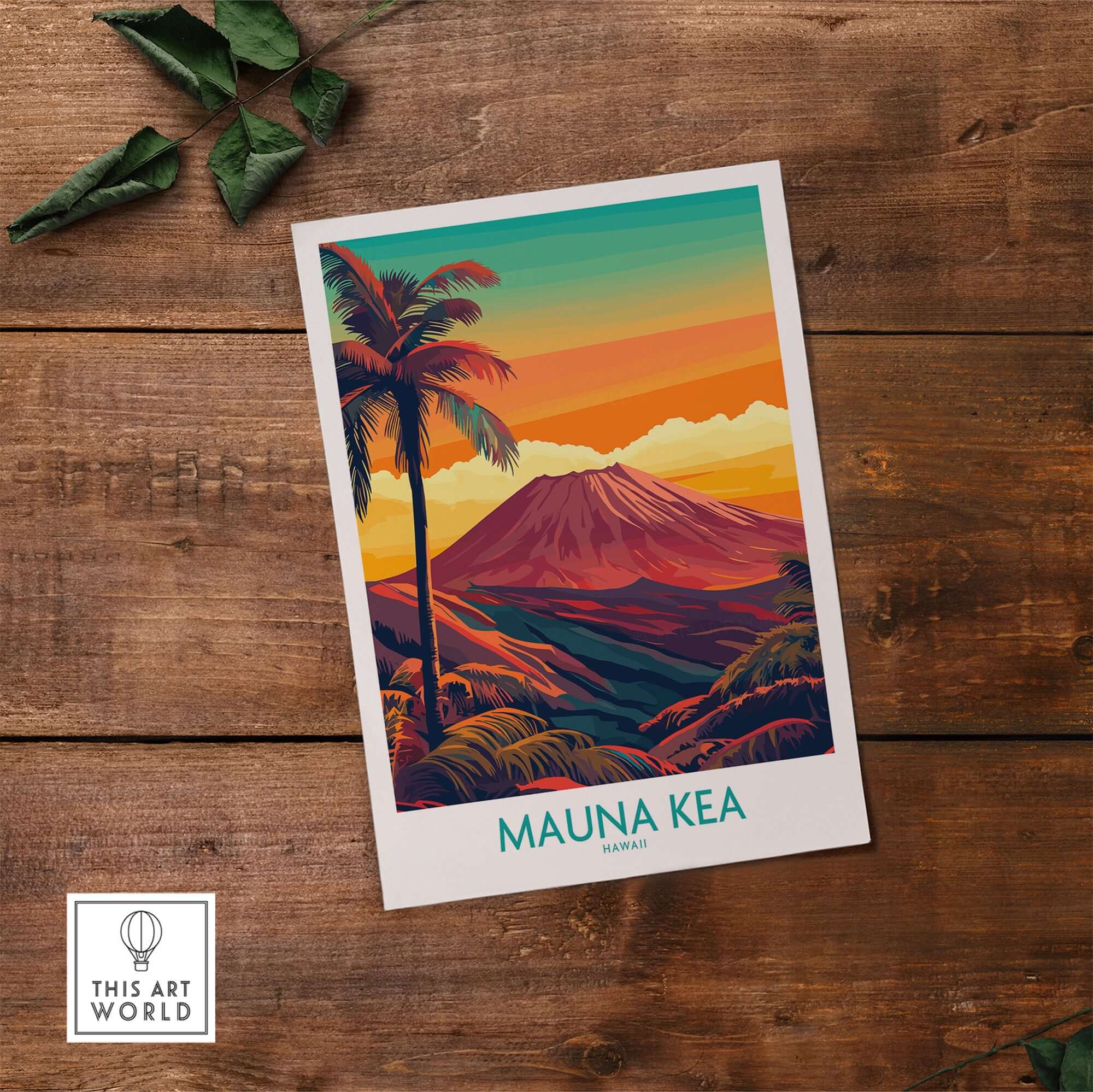 Hawaii Volcano Wall Art - Mauna Kea Sunset Print, Tropical Island Decor with vibrant colors and palm trees.