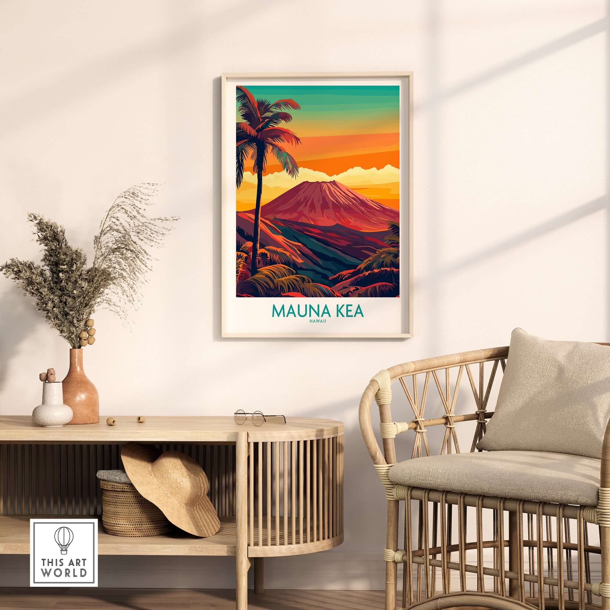 Hawaii Volcano Wall Art - Mauna Kea Sunset Print, Tropical Island Decor displayed in a chic interior.