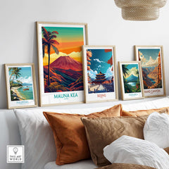 Hawaii Volcano Wall Art - Mauna Kea Sunset Print, Tropical Island Decor displayed among travel-themed artwork.