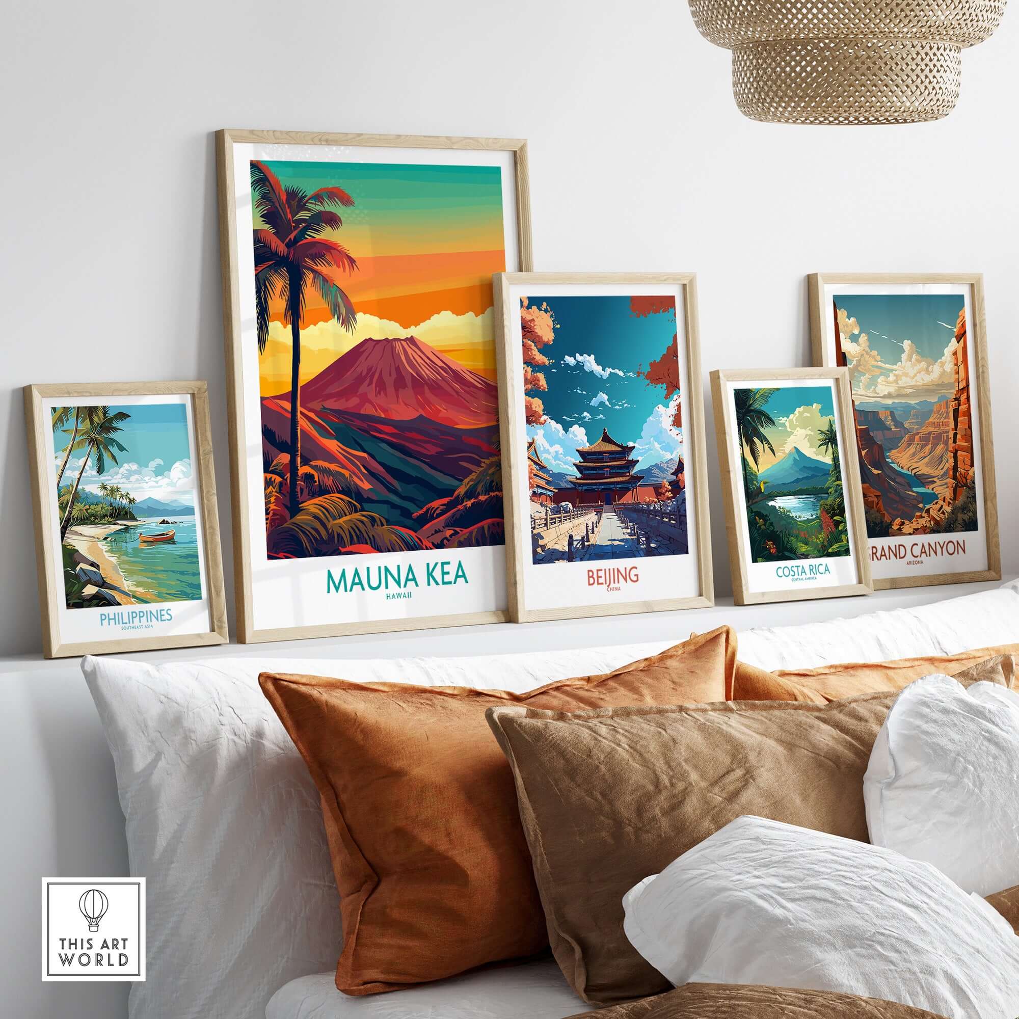 Hawaii Volcano Wall Art - Mauna Kea Sunset Print, Tropical Island Decor displayed among travel-themed artwork.