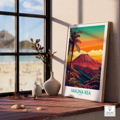 Hawaii Volcano Wall Art - Mauna Kea Sunset Print, Tropical Island Decor displayed in a sunlit room with beach view.