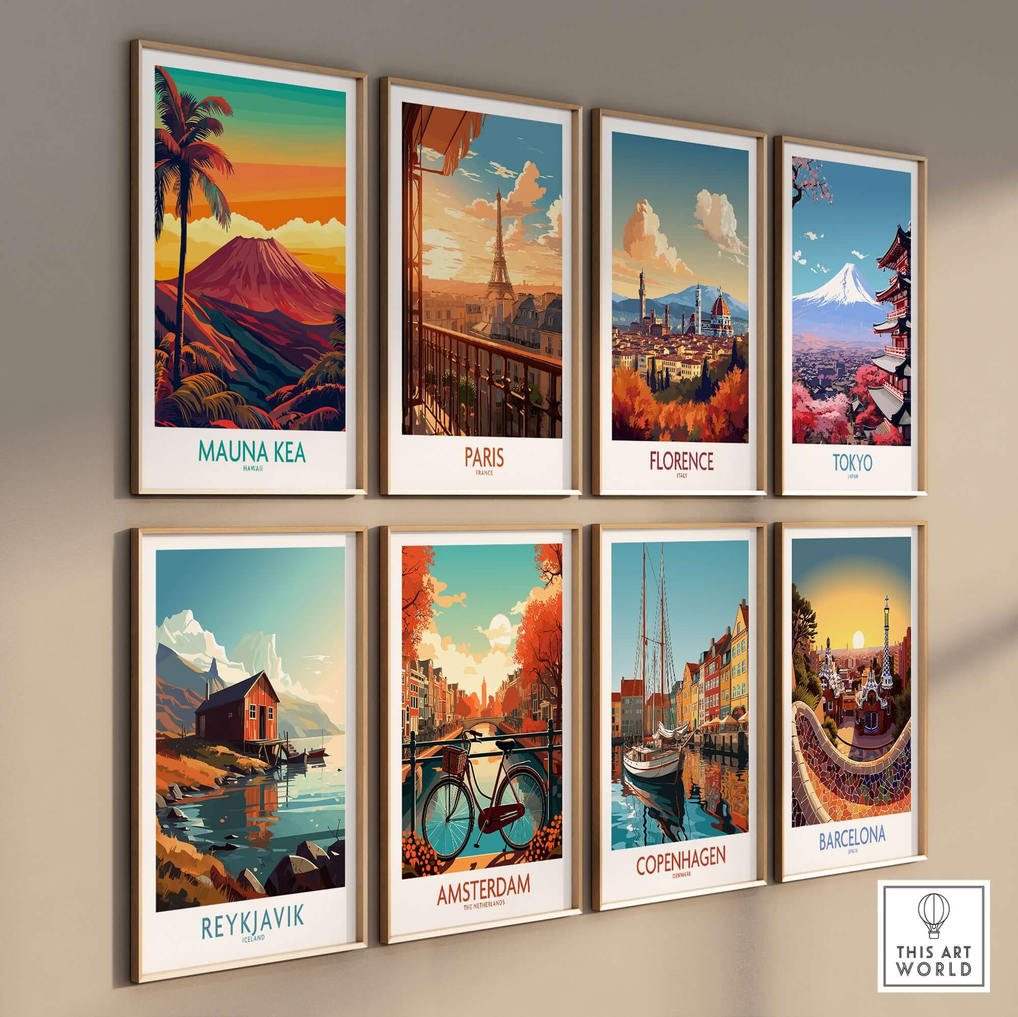 Hawaii Volcano Wall Art - Mauna Kea Sunset Print, Tropical Island Decor featuring a collage of famous landmark prints.
