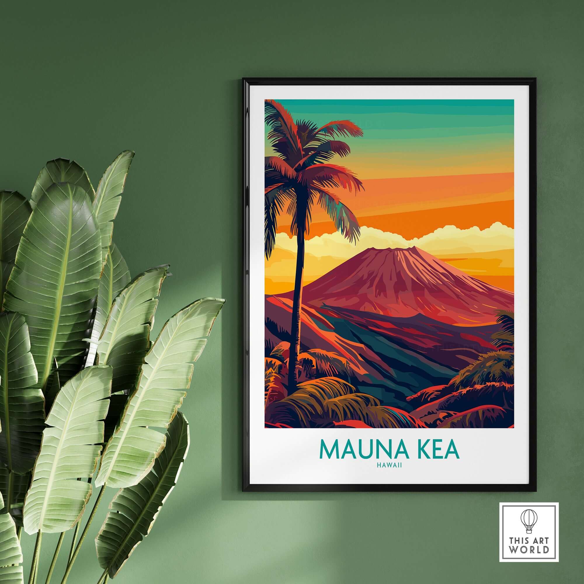 Hawaii Volcano Wall Art - Mauna Kea Sunset Print, Tropical Island Decor framed on green wall with palm leaves.