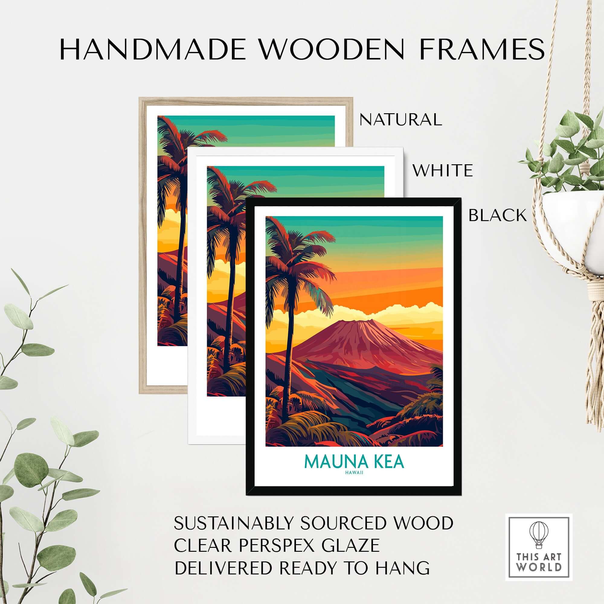 Hawaii Volcano Wall Art - Mauna Kea Sunset Print, Tropical Island Decor in handmade wooden frames.