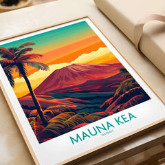 Hawaii Volcano Wall Art - Mauna Kea Sunset Print, Tropical Island Decor showcasing vibrant mountains and palm trees.