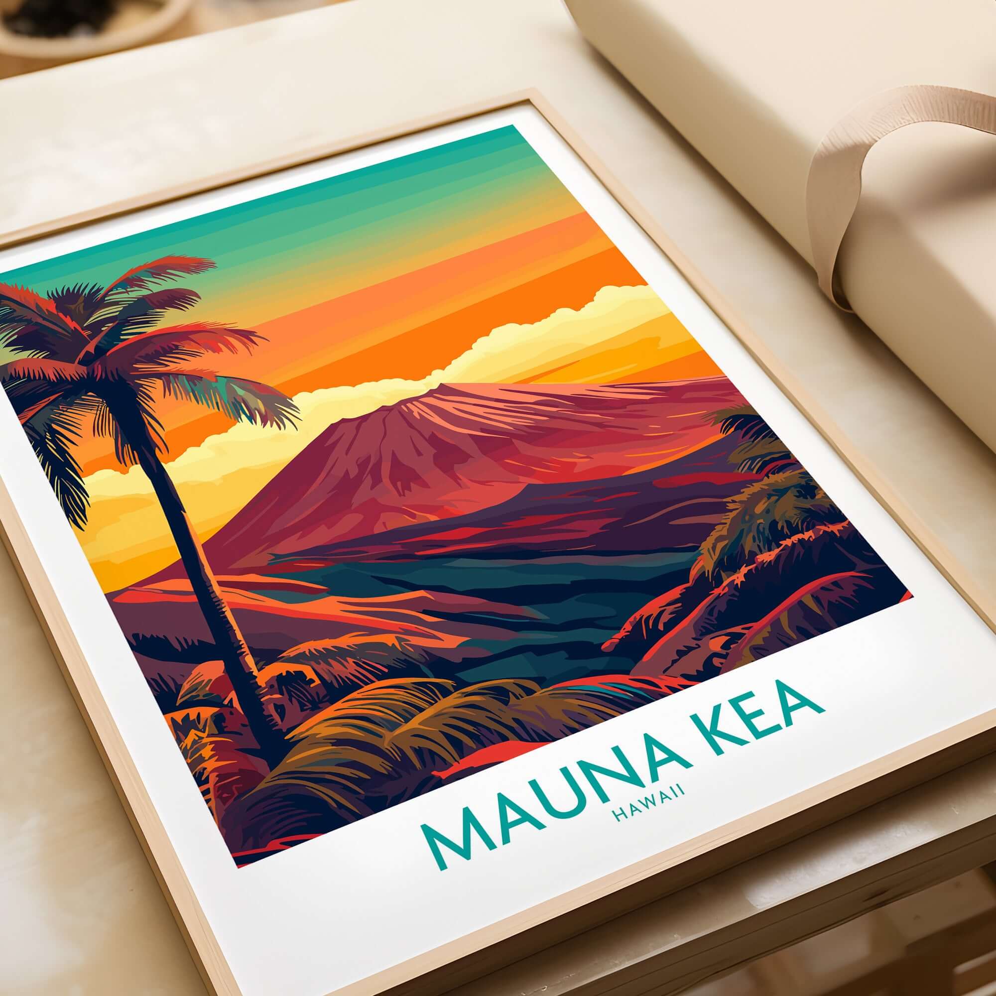 Hawaii Volcano Wall Art - Mauna Kea Sunset Print, Tropical Island Decor showcasing vibrant mountains and palm trees.
