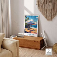 Hawaiian Island Wall Art - Beach View Mauna Kea Poster, Ocean Landscape displayed in a stylish living room setting.