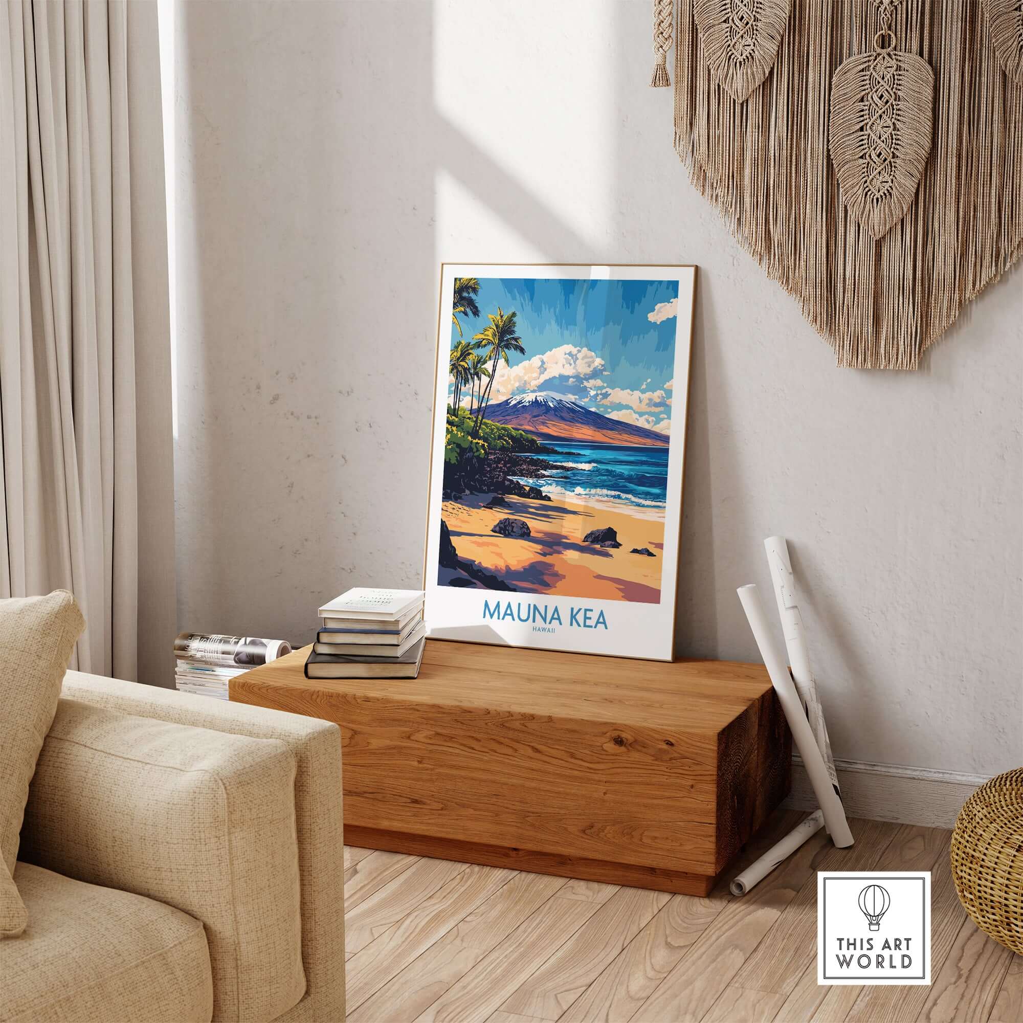 Hawaiian Island Wall Art - Beach View Mauna Kea Poster, Ocean Landscape displayed in a stylish living room setting.