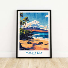 Hawaiian Island Wall Art - Beach View Mauna Kea Poster, Ocean Landscape displayed in a modern frame.