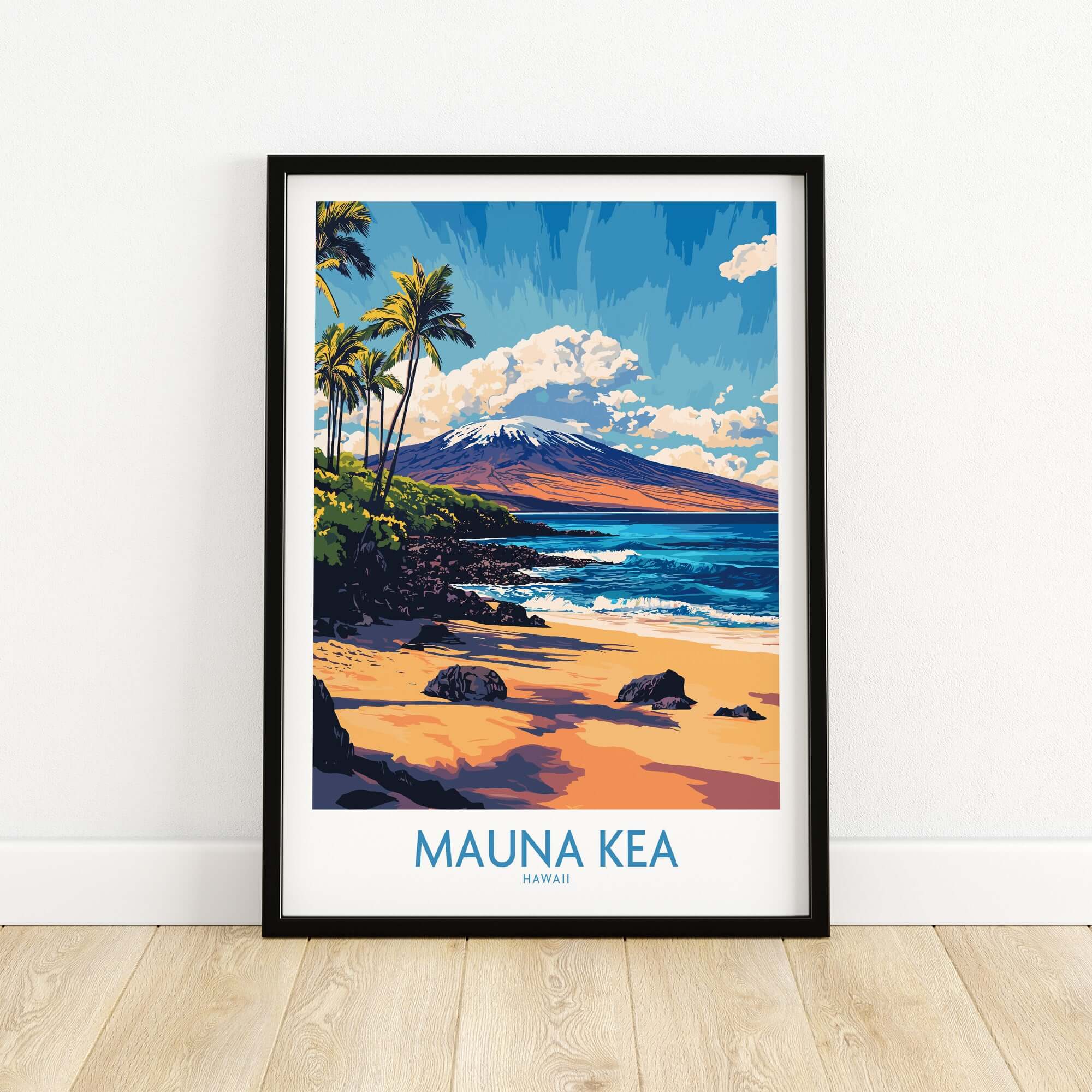 Hawaiian Island Wall Art - Beach View Mauna Kea Poster, Ocean Landscape displayed in a modern frame.