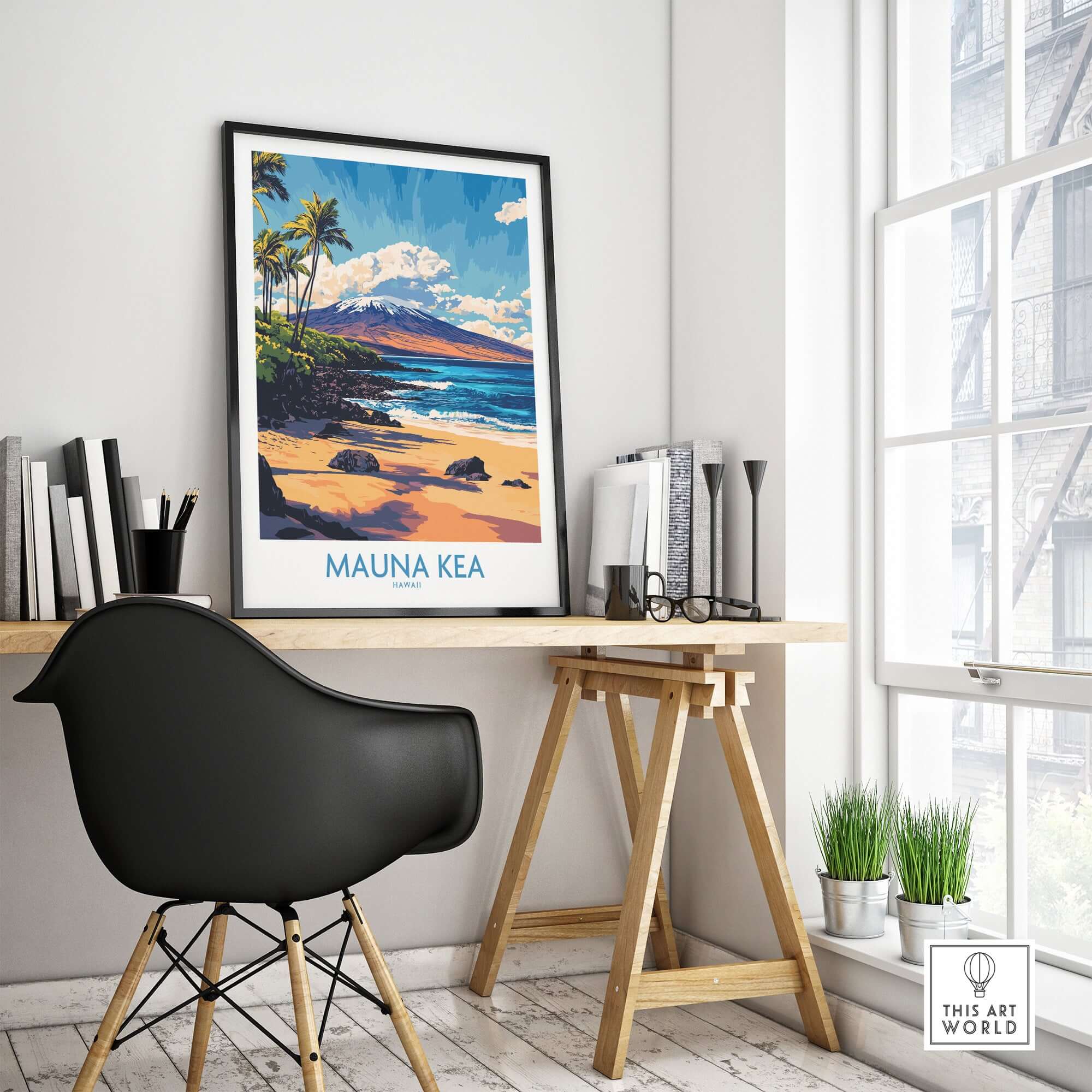 Hawaiian Island Wall Art - Beach View Mauna Kea Poster, Ocean Landscape in a stylish interior setting.