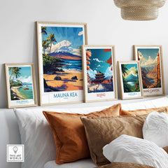 Hawaiian Island Wall Art - Beach View Mauna Kea Poster, Ocean Landscape displayed in a stylish living room decor.