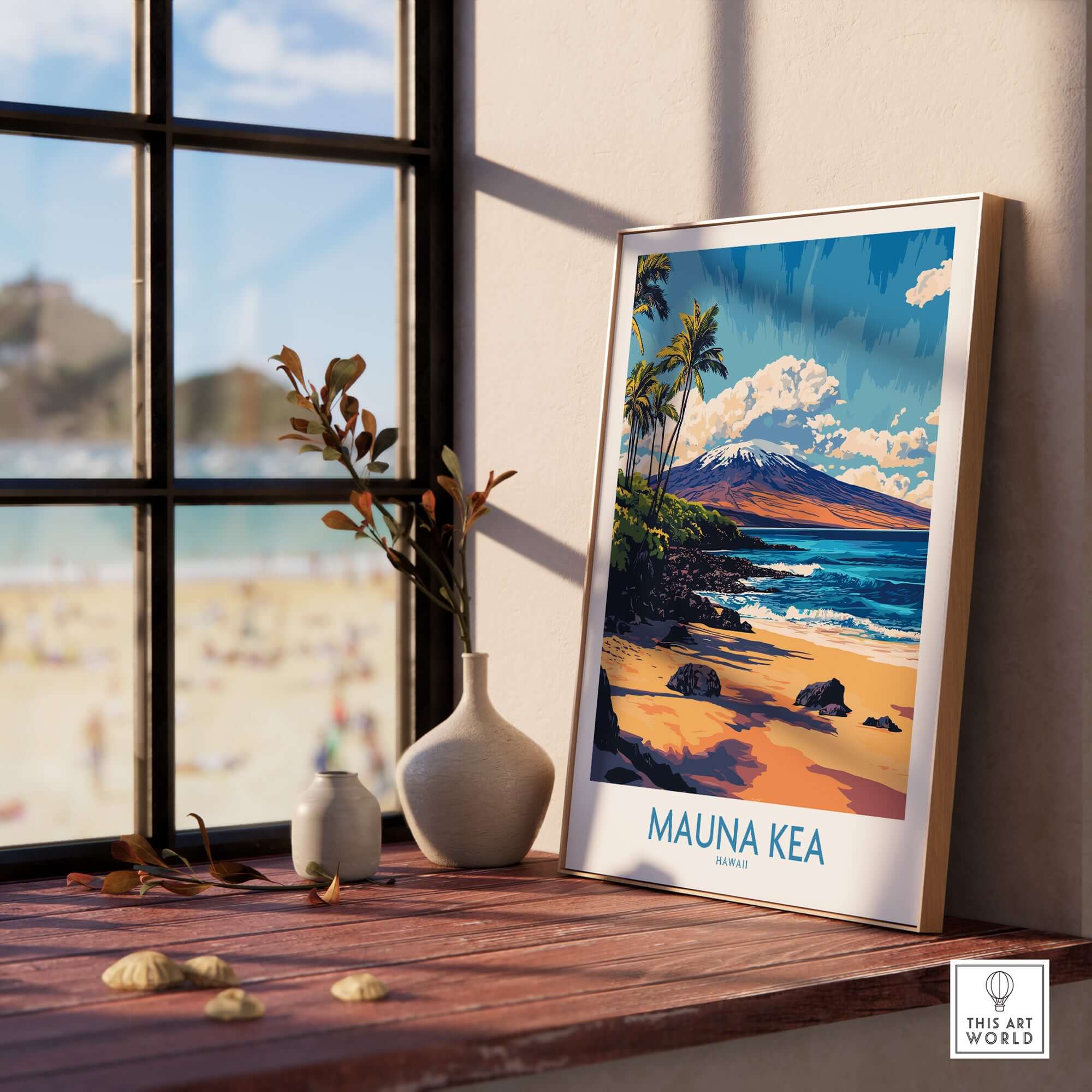 Hawaiian Island Wall Art - Beach View Mauna Kea Poster, Ocean Landscape displayed in a cozy living room setting.