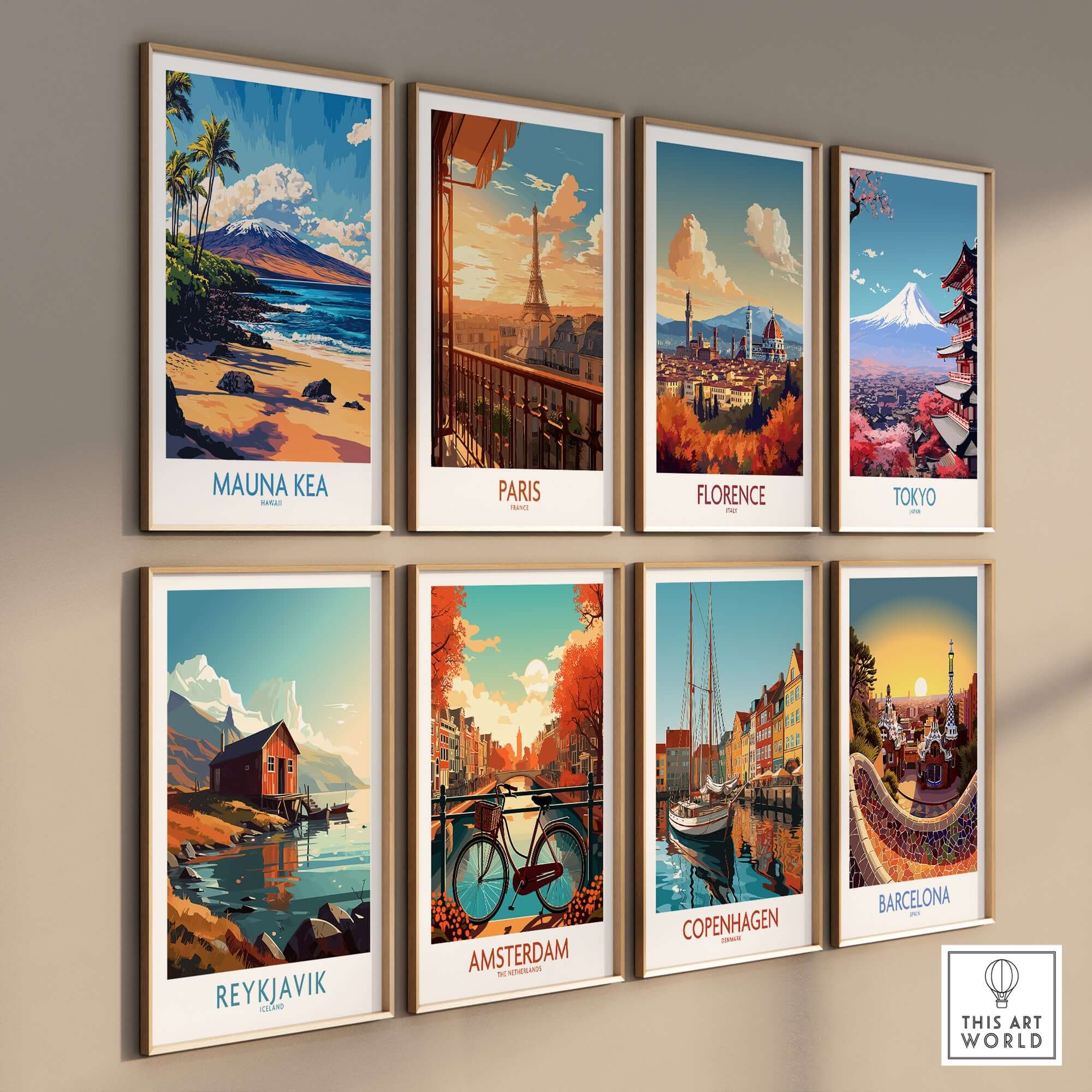 Hawaiian Island Wall Art - Beach View Mauna Kea Poster, Ocean Landscape displayed in a gallery wall with travel posters.