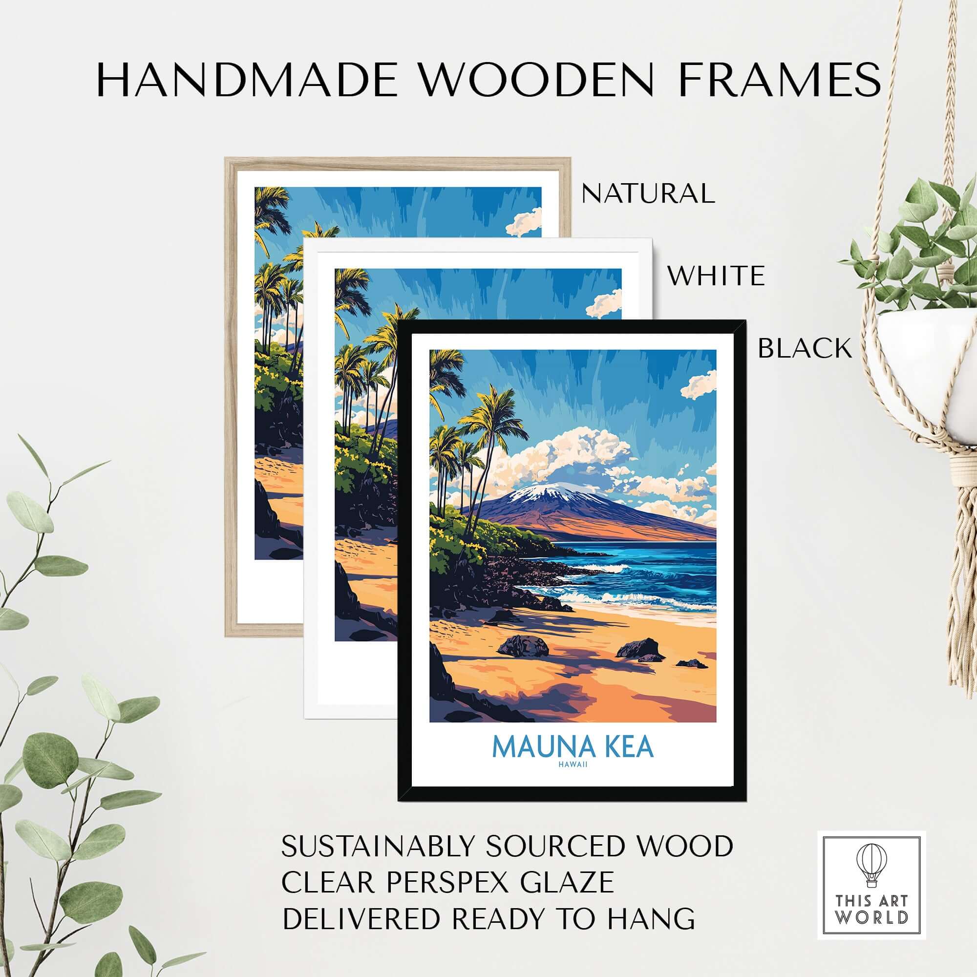 Hawaiian Island Wall Art - Beach View Mauna Kea Poster, Ocean Landscape framed in natural, white, and black handmade wooden frames.