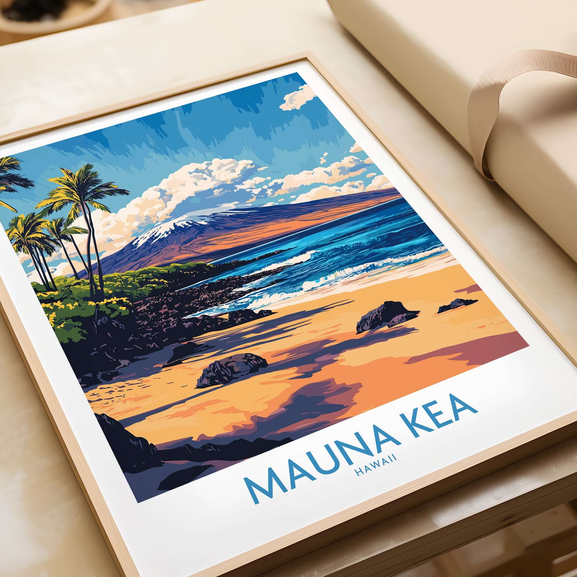 Hawaiian Island Wall Art - Beach View Mauna Kea Poster, Ocean Landscape with vibrant beach and mountain scenery.
