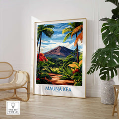 Hawaiian Nature Poster - Mauna Kea Volcano Print, Lush Island Scene displayed in a stylish interior with plants.