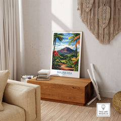 Hawaiian Nature Poster - Mauna Kea Volcano Print, Lush Island Scene displayed in a cozy interior setting.