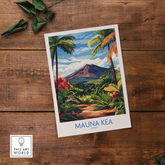 Hawaiian Nature Poster - Mauna Kea Volcano Print, Lush Island Scene on wooden background.