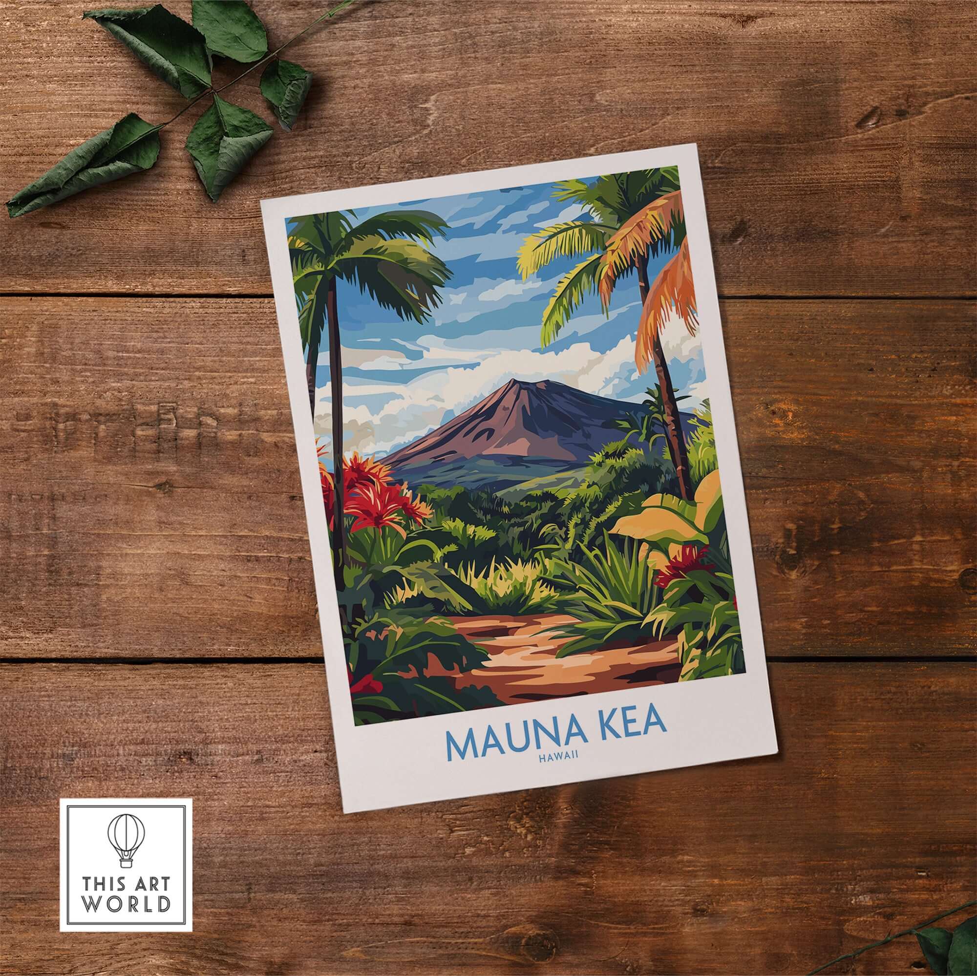 Hawaiian Nature Poster - Mauna Kea Volcano Print, Lush Island Scene on wooden background.