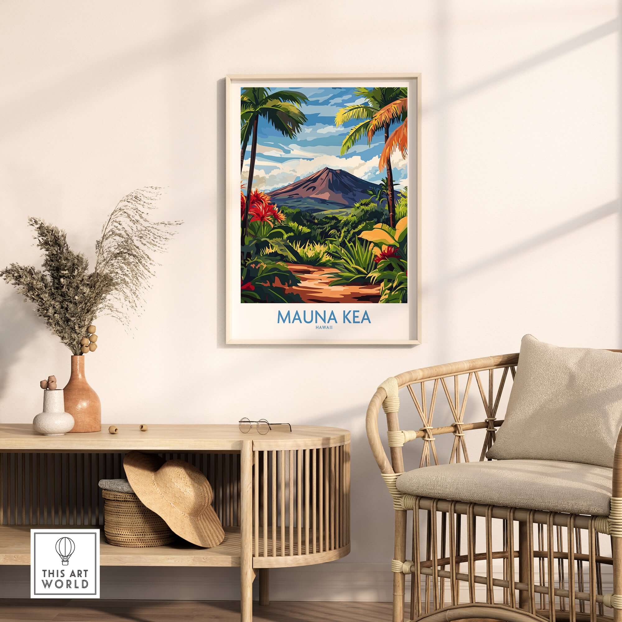 Hawaiian Nature Poster - Mauna Kea Volcano Print, Lush Island Scene displayed in a modern interior.