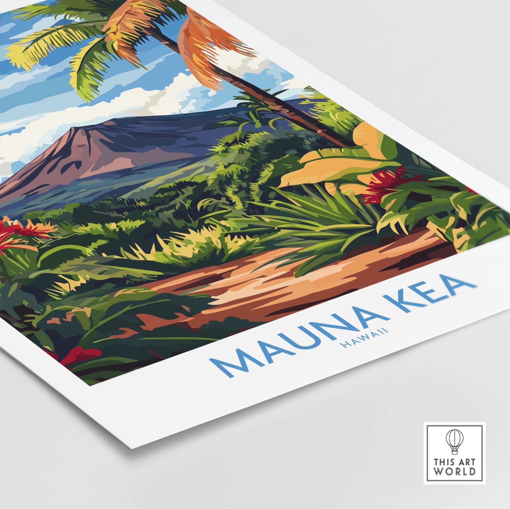 Hawaiian Nature Poster - Mauna Kea Volcano Print, Lush Island Scene featuring vibrant colors and lush vegetation