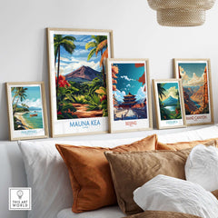 Hawaiian Nature Poster - Mauna Kea Volcano Print, Lush Island Scene displayed in a stylish interior setting.