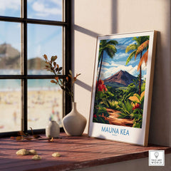 Hawaiian Nature Poster - Mauna Kea Volcano Print, Lush Island Scene framed on a windowsill with beach view.