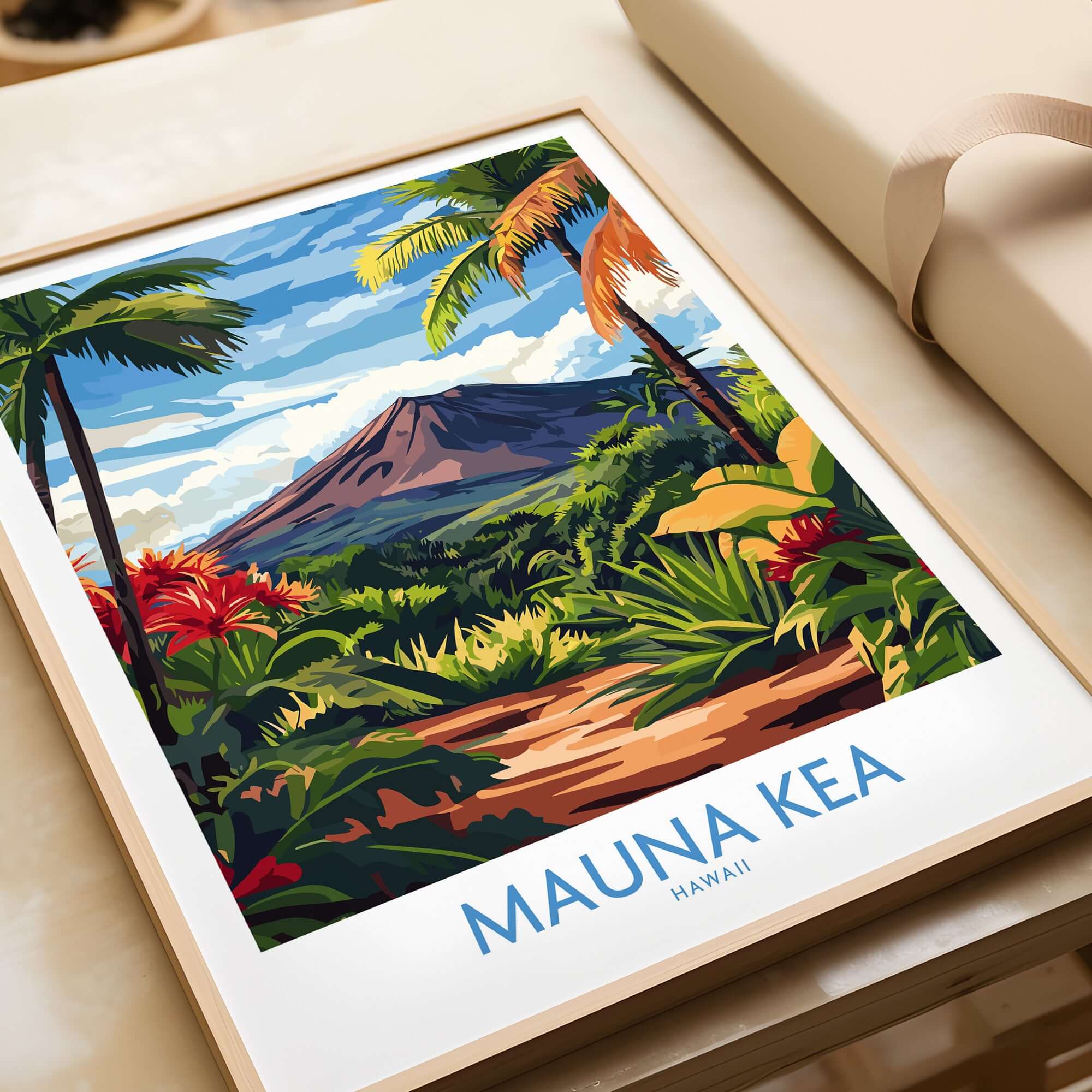 Hawaiian Nature Poster - Mauna Kea Volcano Print, Lush Island Scene showcasing vibrant landscapes and tropical foliage.