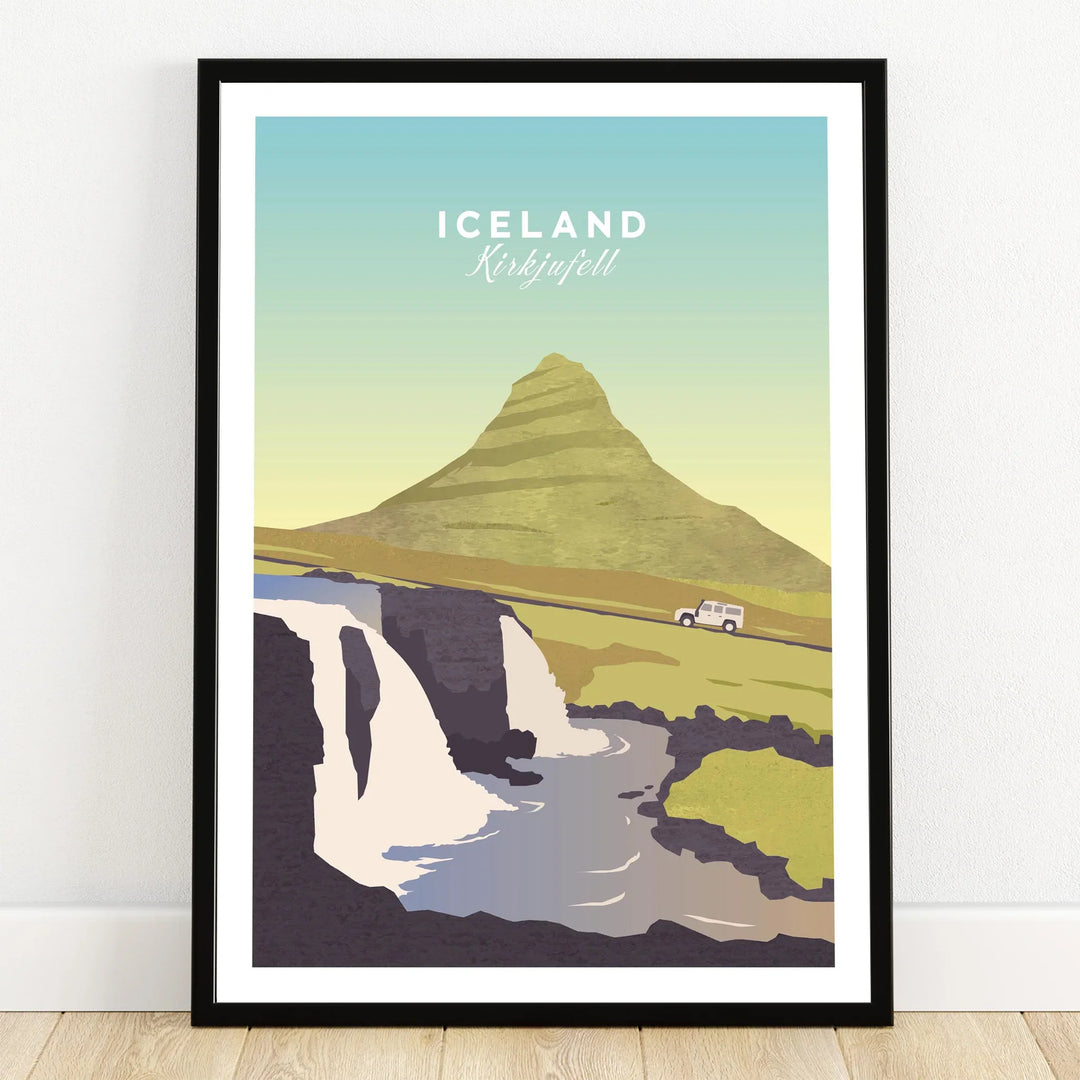 Iceland Kirkjufell travel poster with mountain, waterfall, and car, ideal for home wall art decor