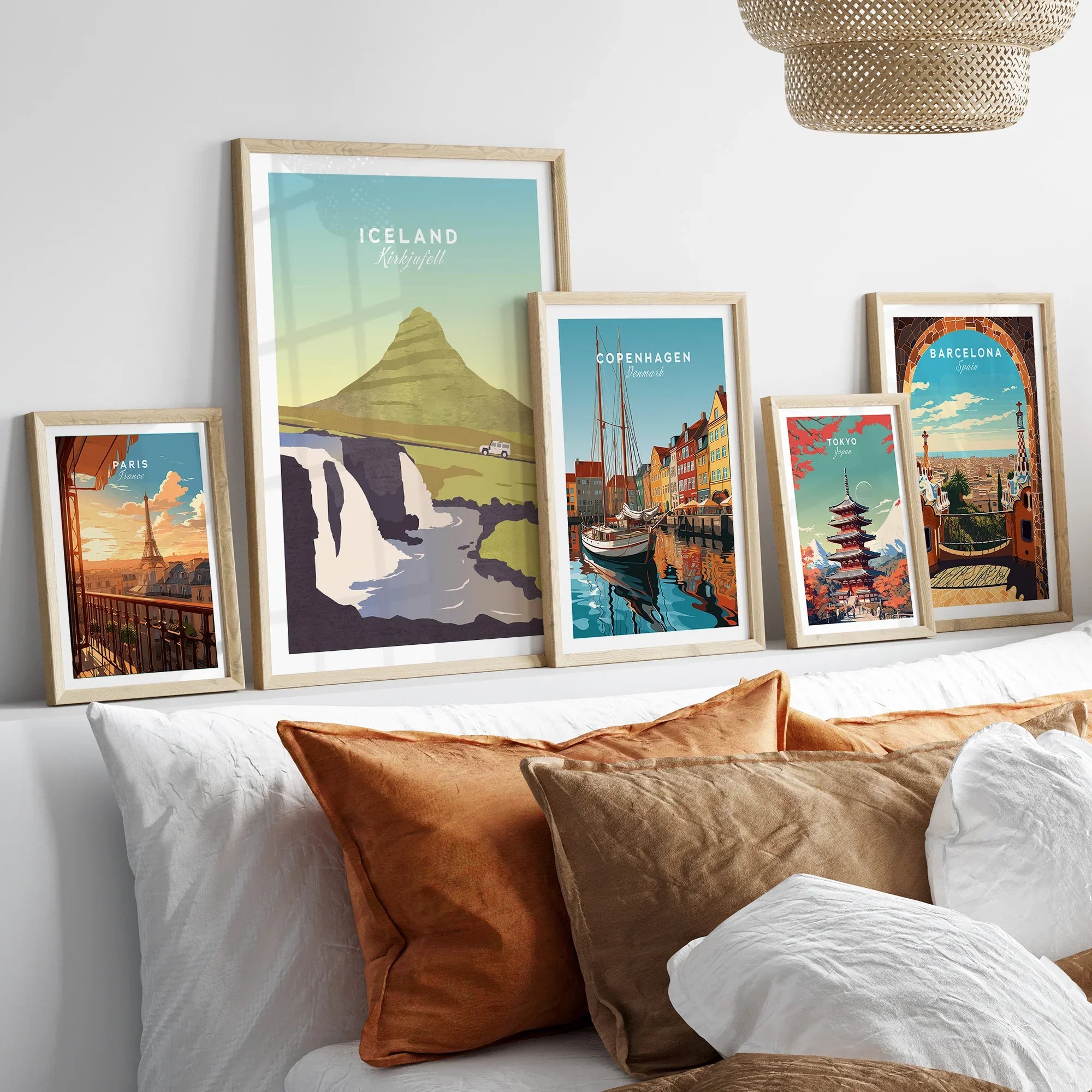 Framed travel posters of Paris, Iceland, Copenhagen, Tokyo, Barcelona for modern home wall art decor