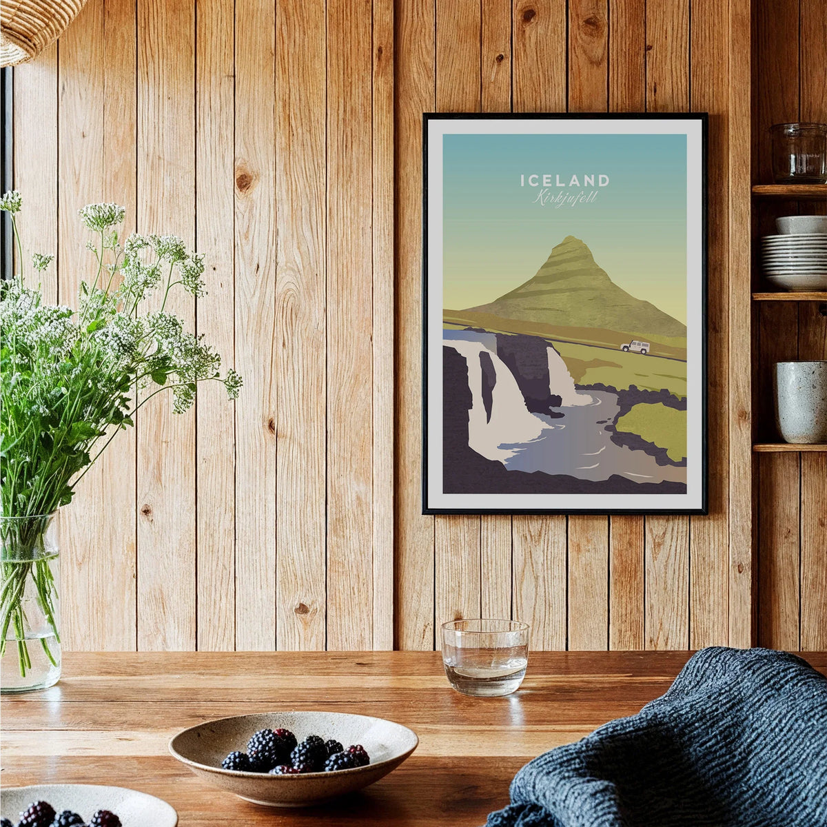 Iceland Kirkjufell travel poster with mountain, waterfall, and car, perfect for home wall art decor.