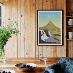 Iceland Kirkjufell travel poster with mountain, waterfall, and car, perfect for home wall art decor.