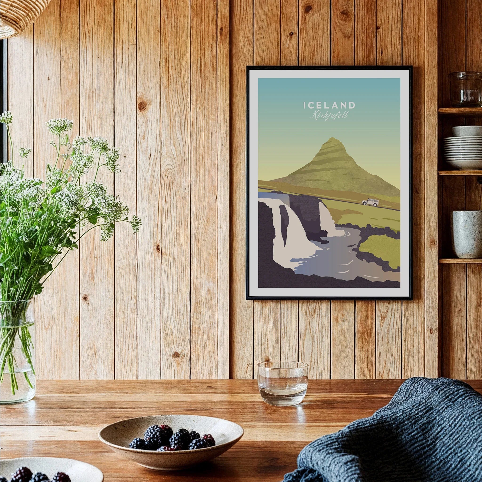 Iceland Kirkjufell travel poster with mountain, waterfall, and car, perfect for home wall art decor.