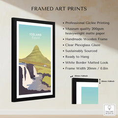 Framed Iceland Kirkjufell travel poster print with waterfall, mountain, and car, ready to hang wall art