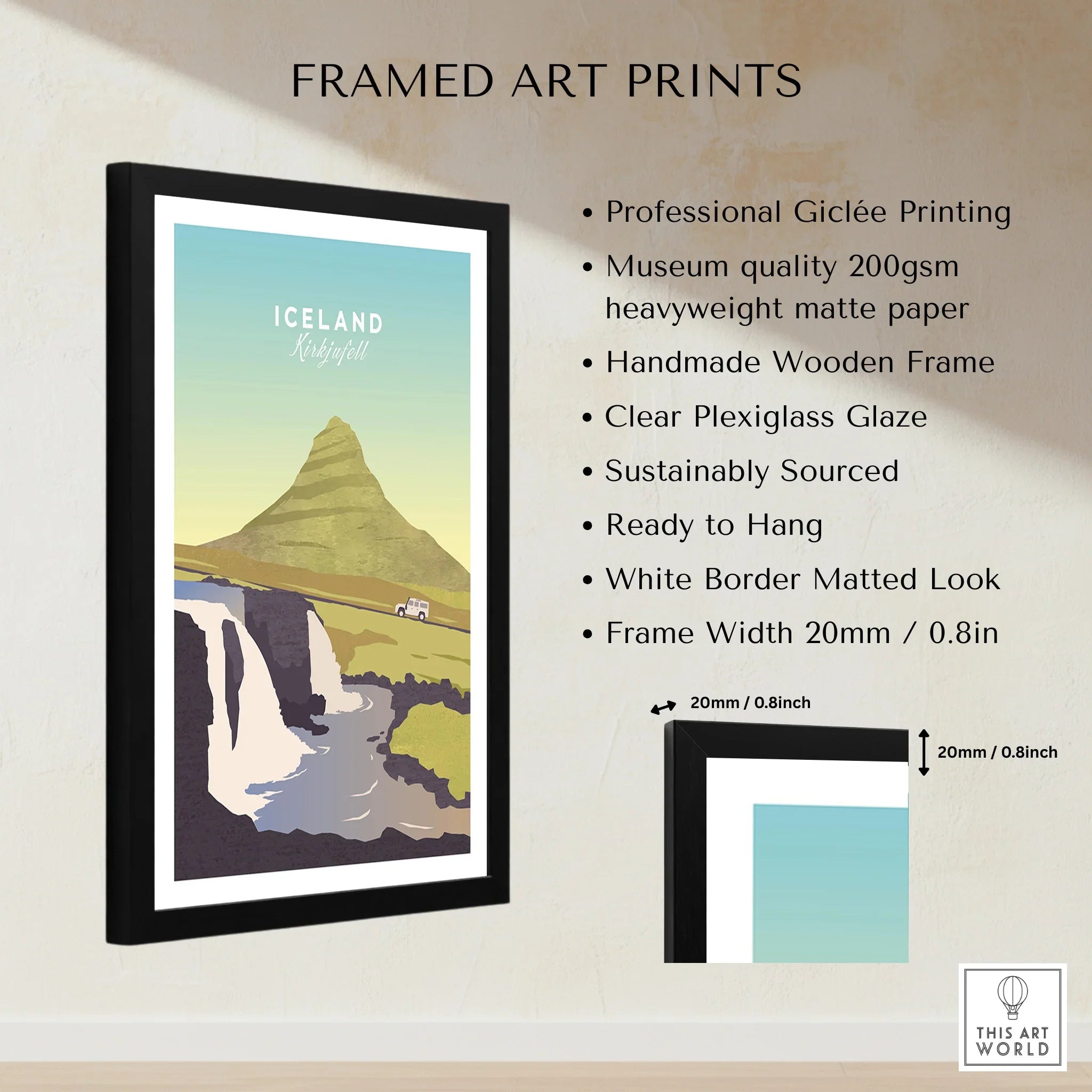 Framed Iceland Kirkjufell travel poster print with waterfall, mountain, and car, ready to hang wall art