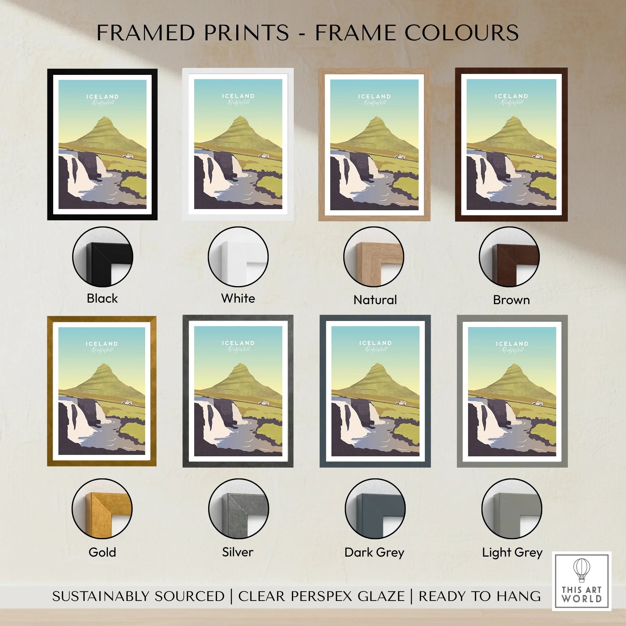 Iceland Kirkjufell travel poster in 8 frame colors: black, white, natural, brown, gold, silver, dark grey, light grey