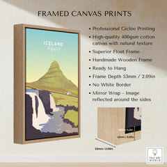 Framed Iceland Kirkjufell travel poster print with waterfall, mountain, and car, ready to hang wall art