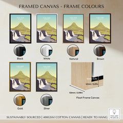 Iceland Kirkjufell travel poster in framed canvas with black, white, natural, brown, gold, silver frame options