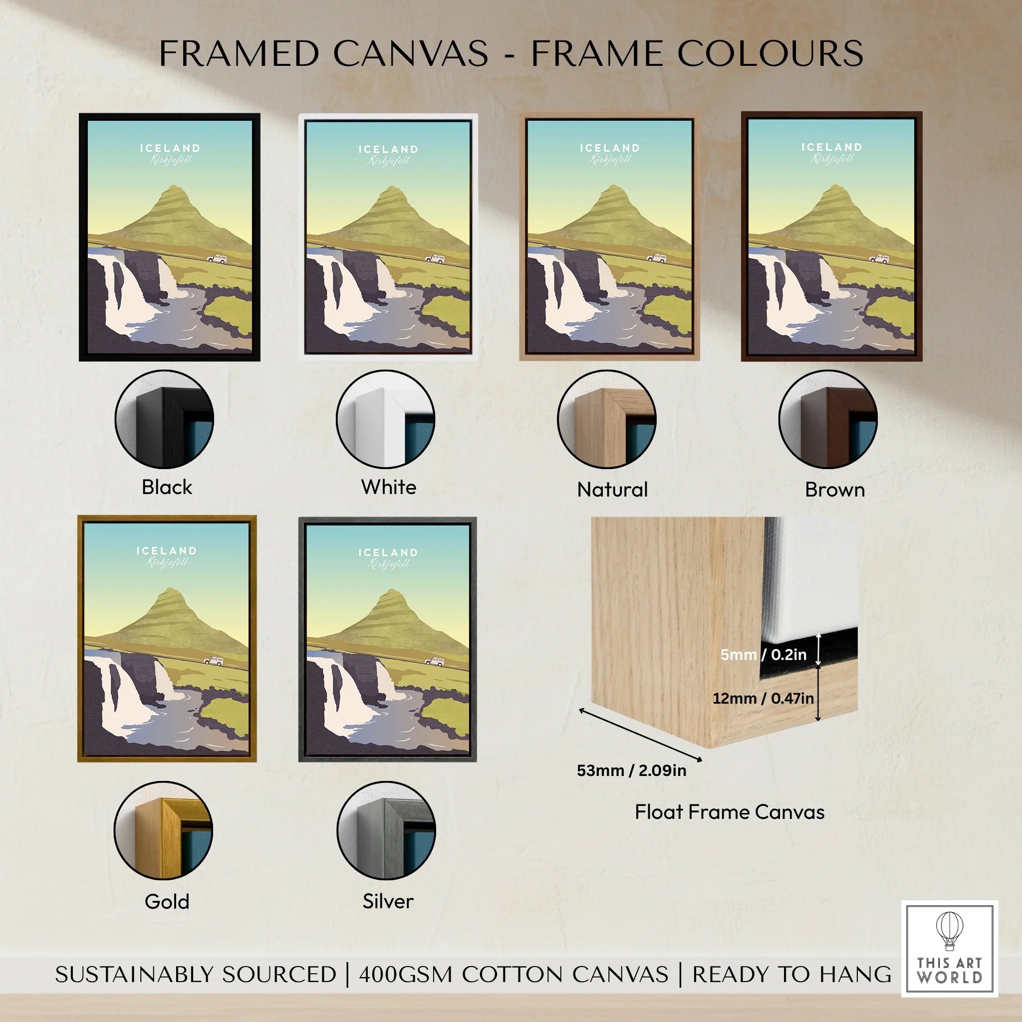 Iceland Kirkjufell travel poster in framed canvas with black, white, natural, brown, gold, silver frame options