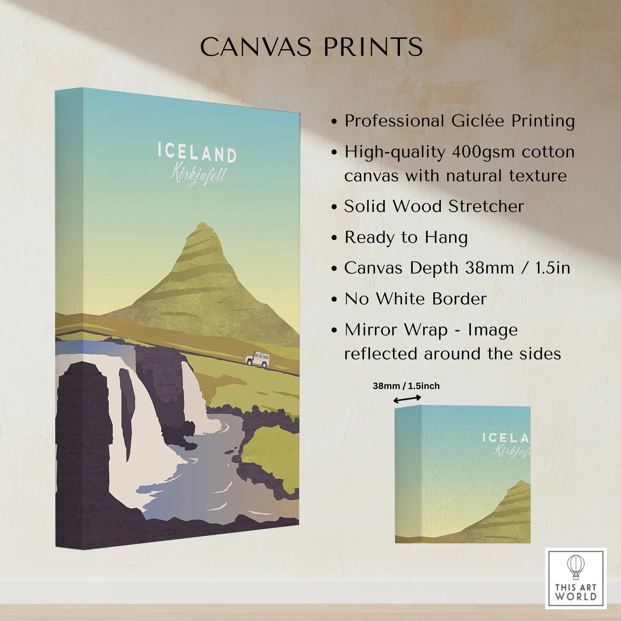 Iceland Kirkjufell travel poster canvas print with mountain, waterfall, and car, ready to hang wall art