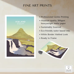 Iceland Kirkjufell travel poster print with waterfall and mountain, ready to frame wall art