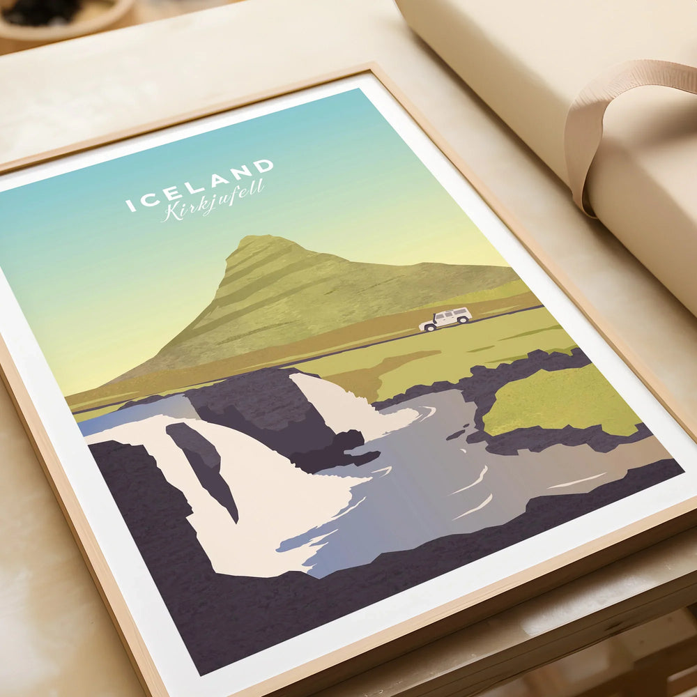 Iceland Kirkjufell travel poster with mountain, waterfall, and car, framed wall art for home decor