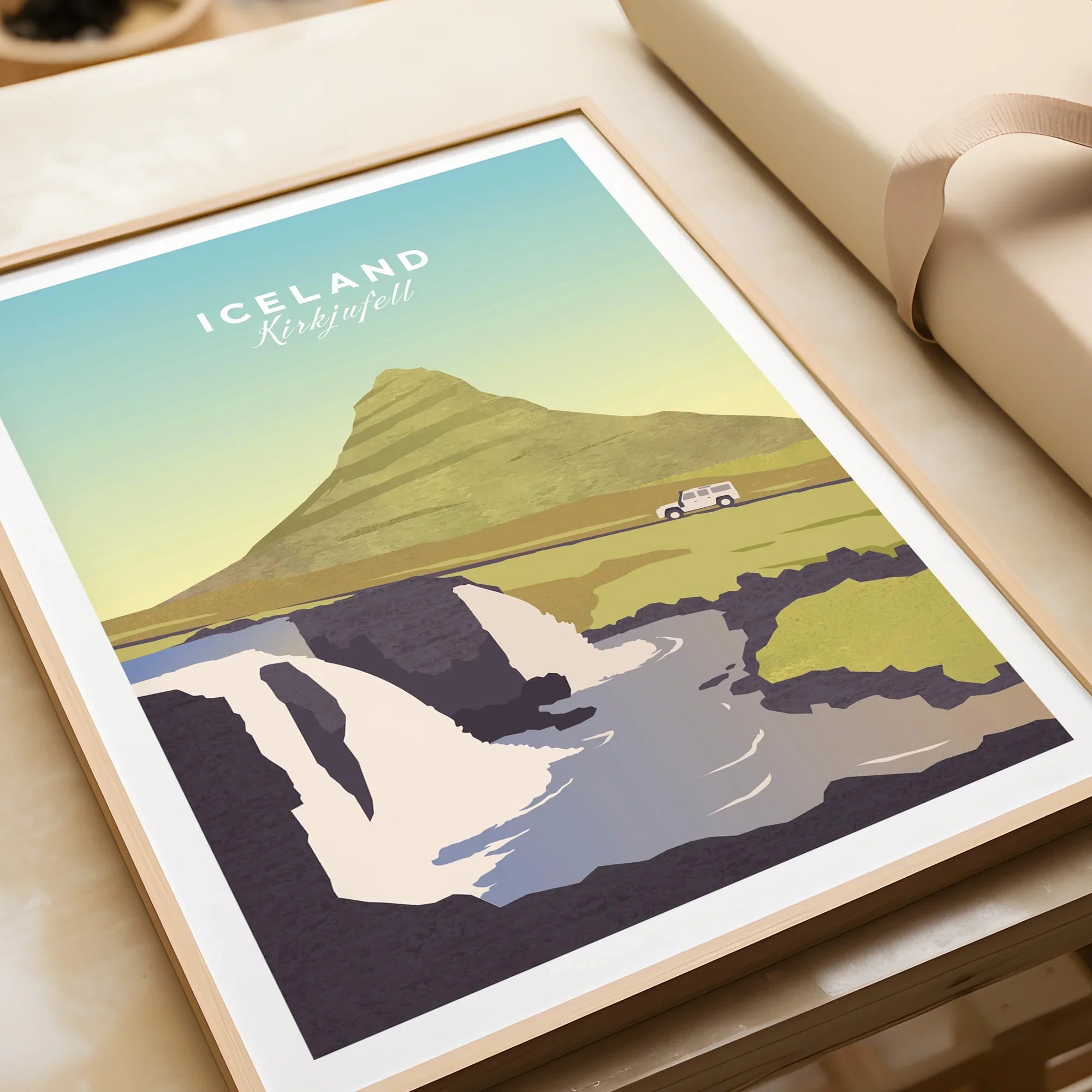Iceland Kirkjufell travel poster with mountain, waterfall, and car, framed wall art for home decor