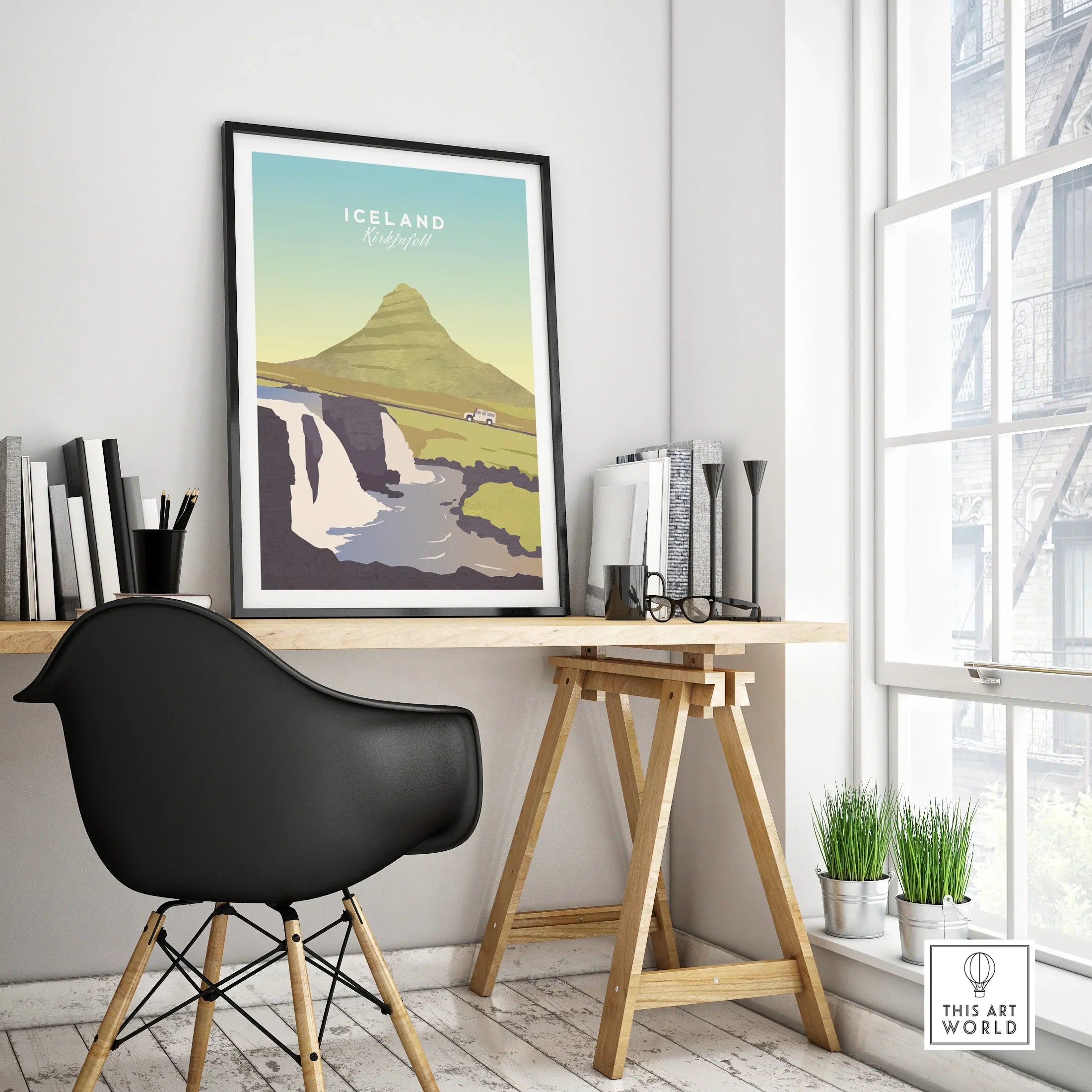 Iceland Kirkjufell travel poster with mountain and waterfall, modern home office wall art decor