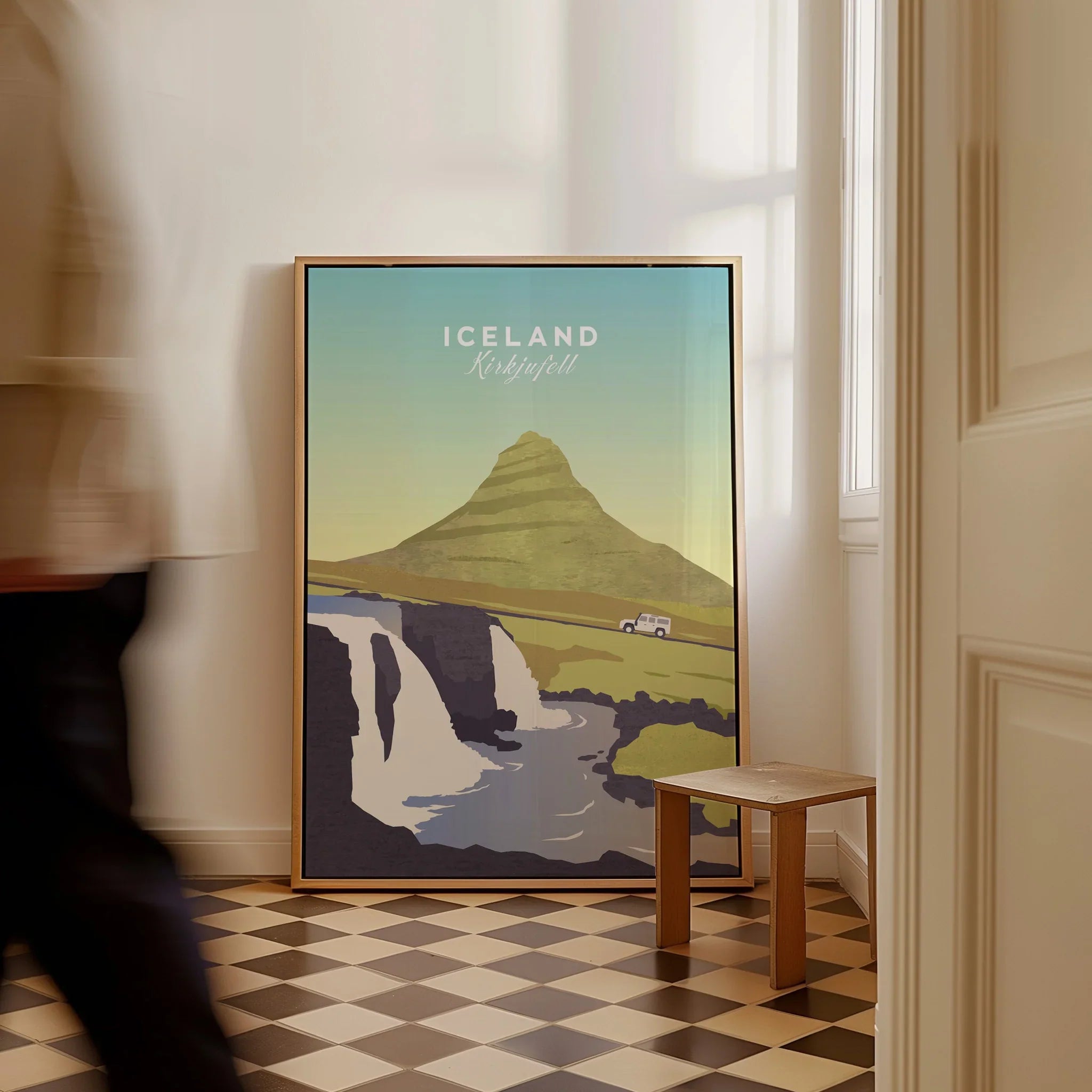 Iceland Kirkjufell travel poster with mountain, waterfall, and car, framed wall art for home decor