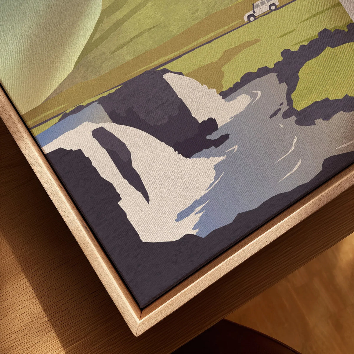 Framed travel poster art with mountain landscape, river, and off-road vehicle, perfect for home decor