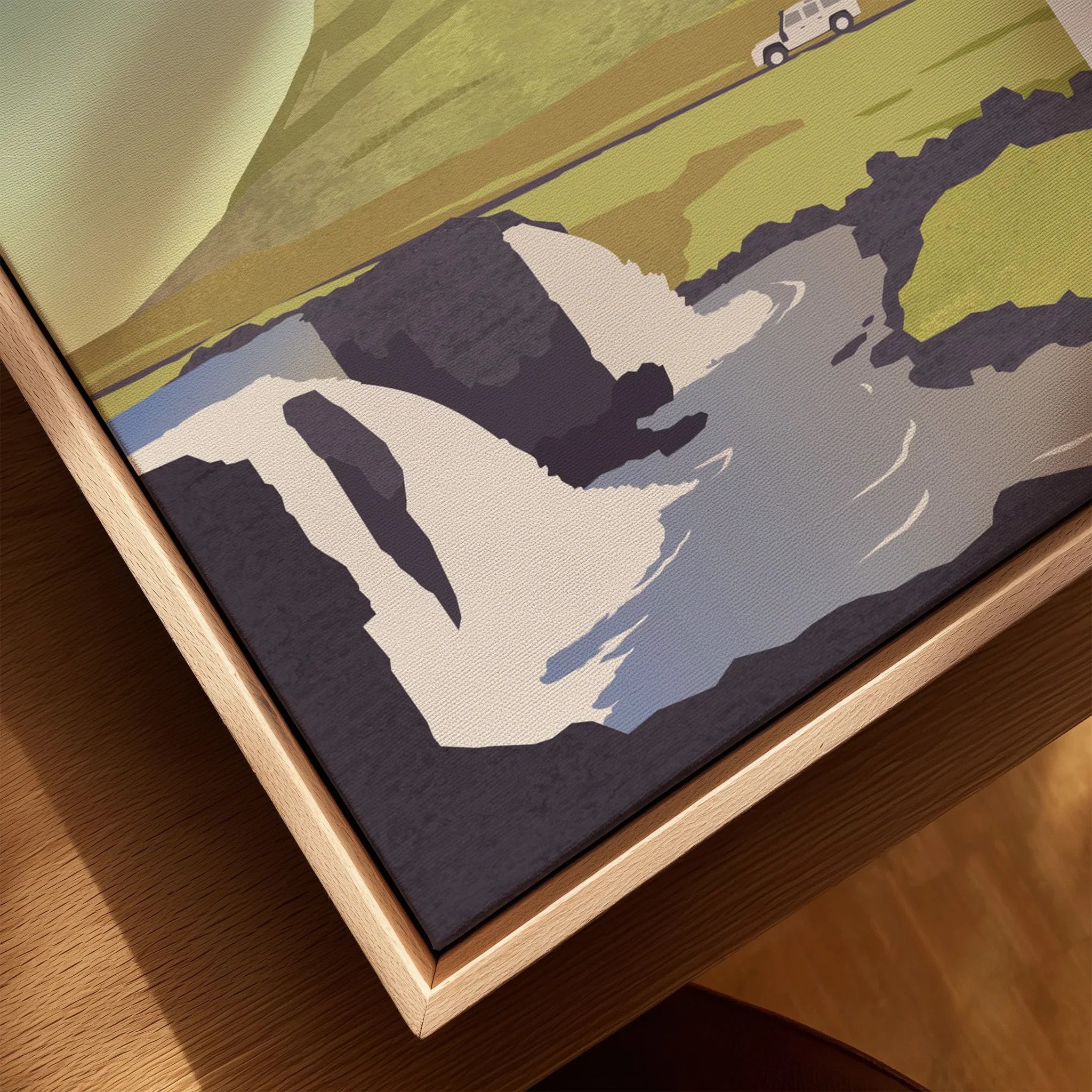 Framed travel poster art with mountain landscape, river, and off-road vehicle, perfect for home decor