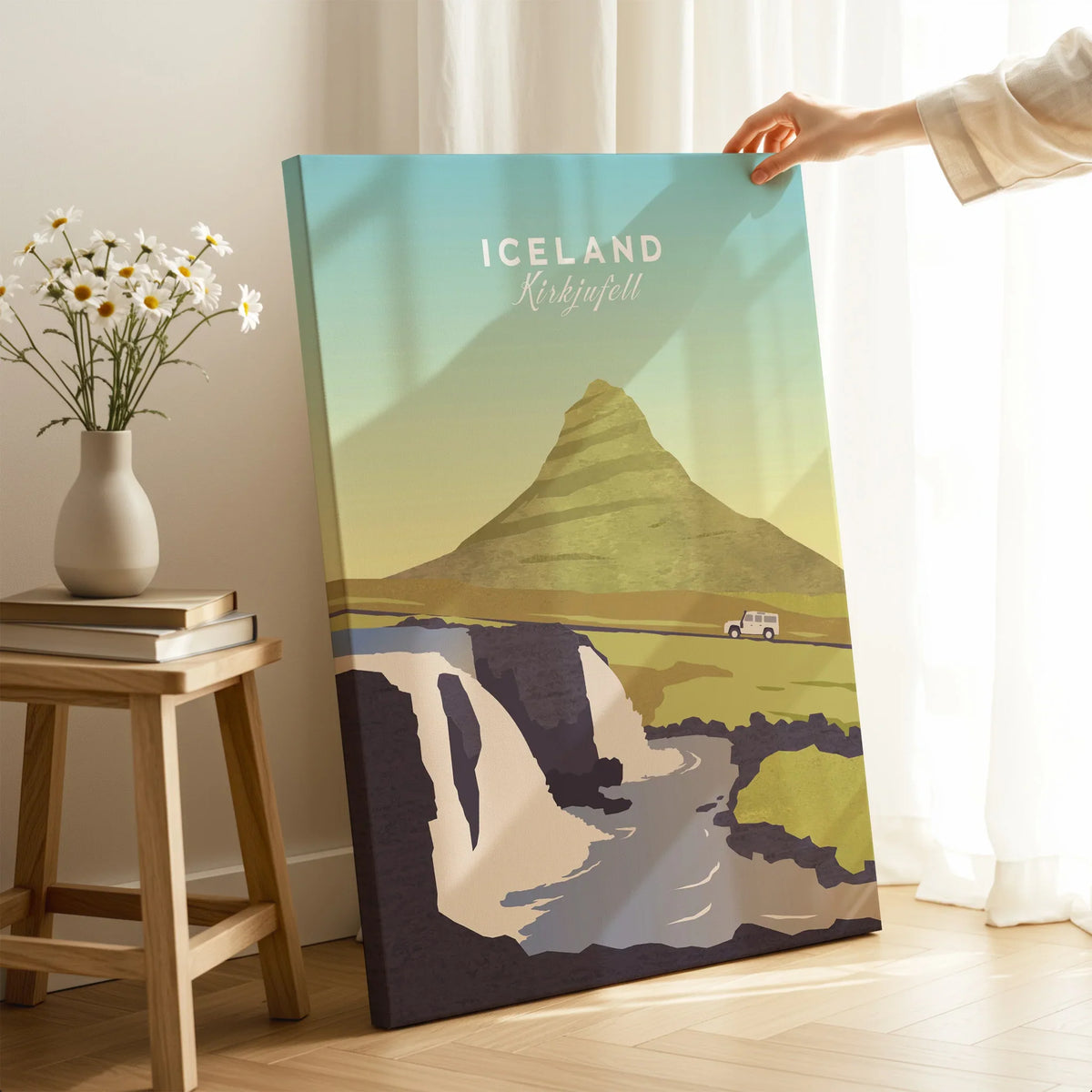 Iceland Kirkjufell travel poster wall art with mountain, waterfall, and car, perfect for home decor